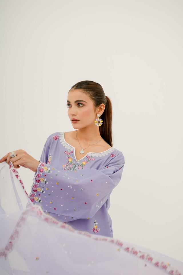 Eilara Purple Embroidered Lawn Suit with Embroidered Dupatta