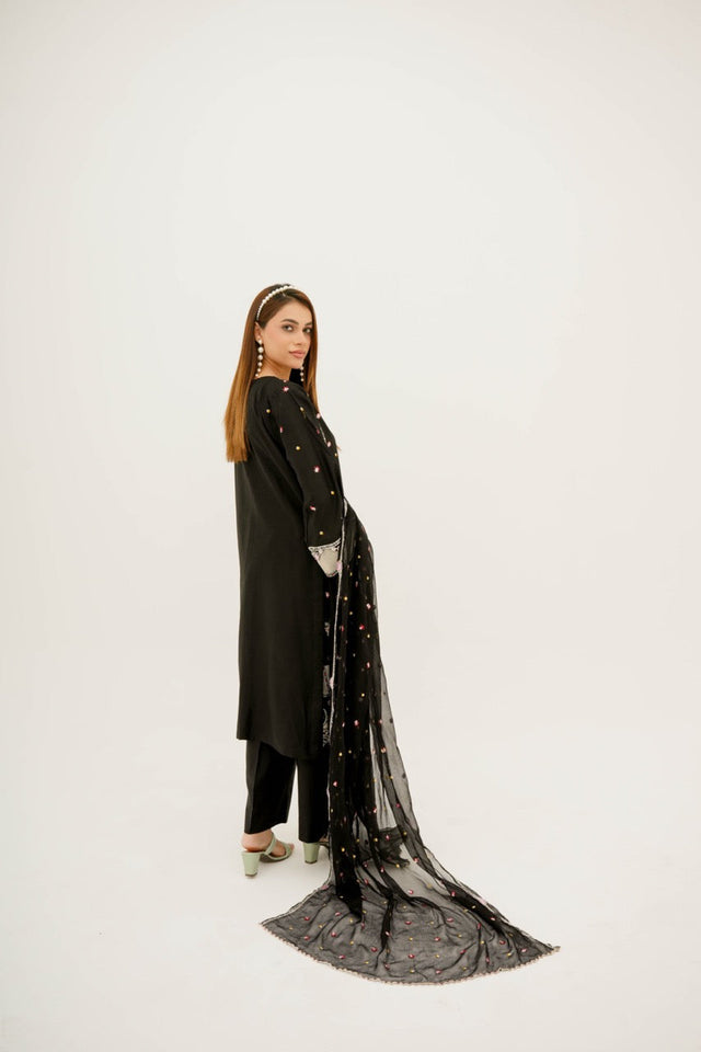 Elaaf Black Embroidered Lawn Suit with Chiffon Dupatta