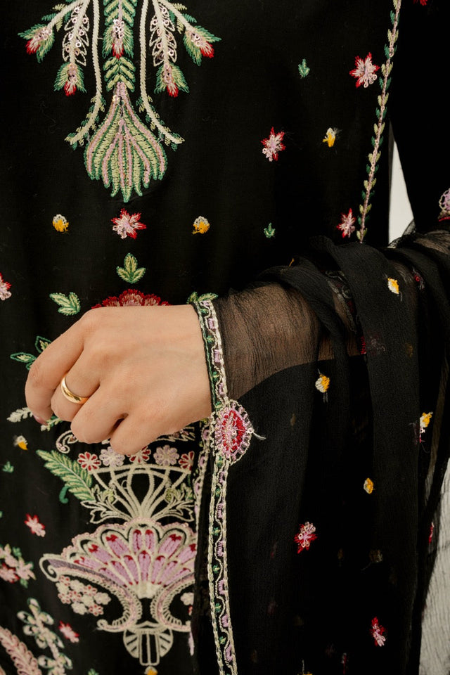 Elaaf Black Embroidered Lawn Suit with Chiffon Dupatta