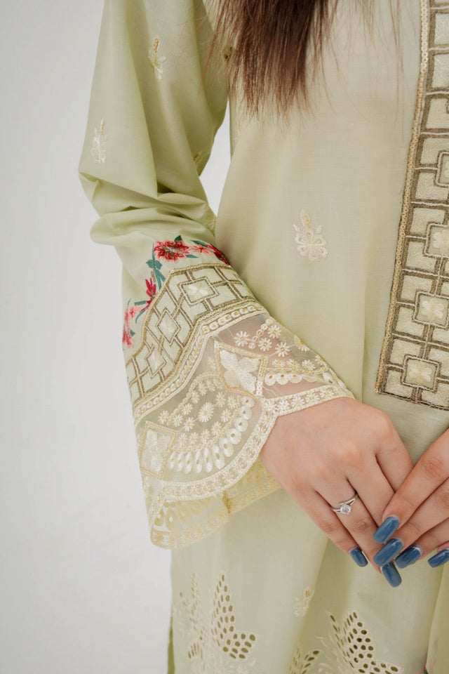 Hania Pistachio Embroidered Cotton Suit with Organza Dupatta