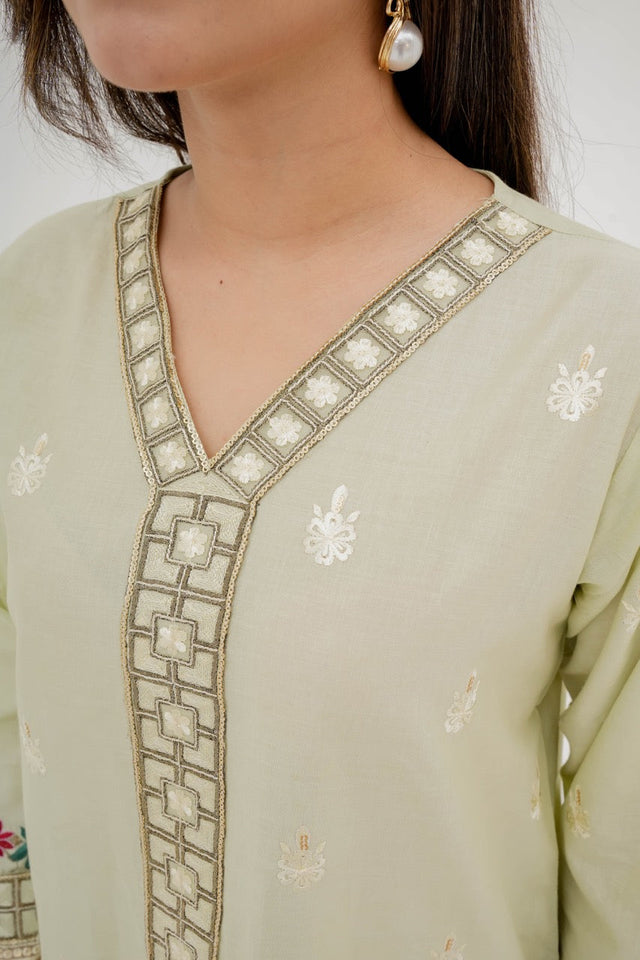 Hania Pistachio Embroidered Cotton Suit with Organza Dupatta