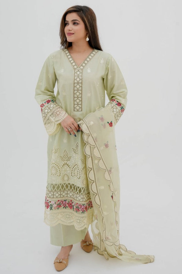 Hania Pistachio Embroidered Cotton Suit with Organza Dupatta