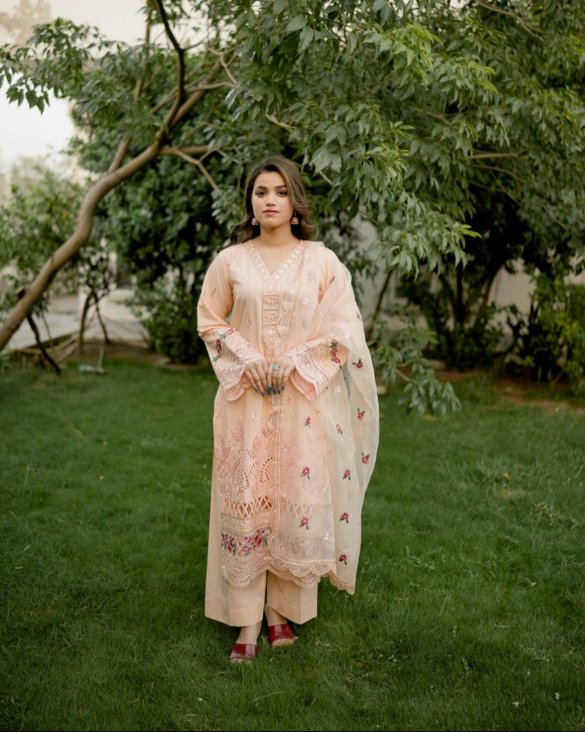 Florin 3-Piece Peach Cotton with Embroidered Organza Dupatta
