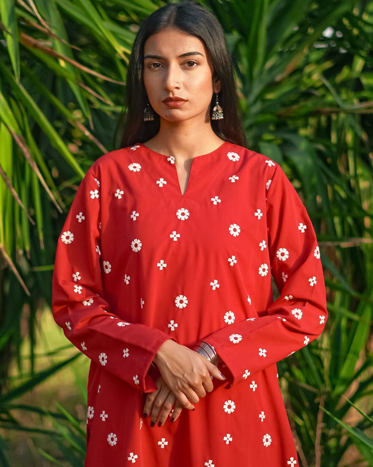 Ayra 2-Piece Red Cotton with White Embroidered Detailing