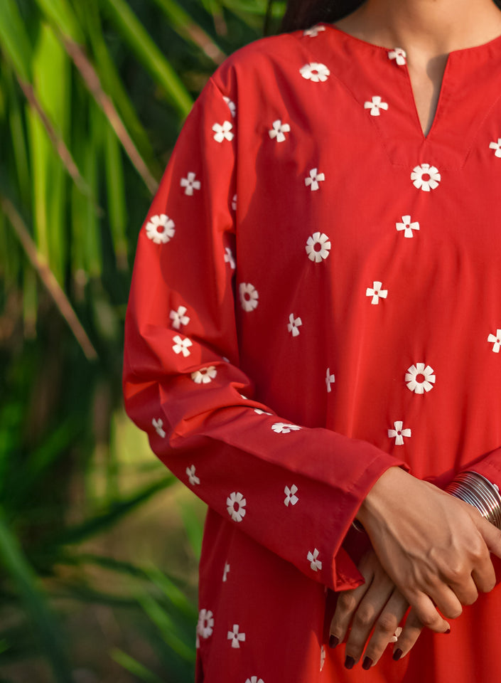 Ayra 2-Piece Red Cotton with White Embroidered Detailing